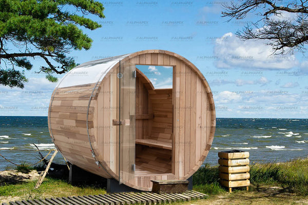 ALPHAPEX Barrel Sauna - Luxurious Thermo Pine Outdoor Sauna for 4-6 People with Panoramic Glass Roof