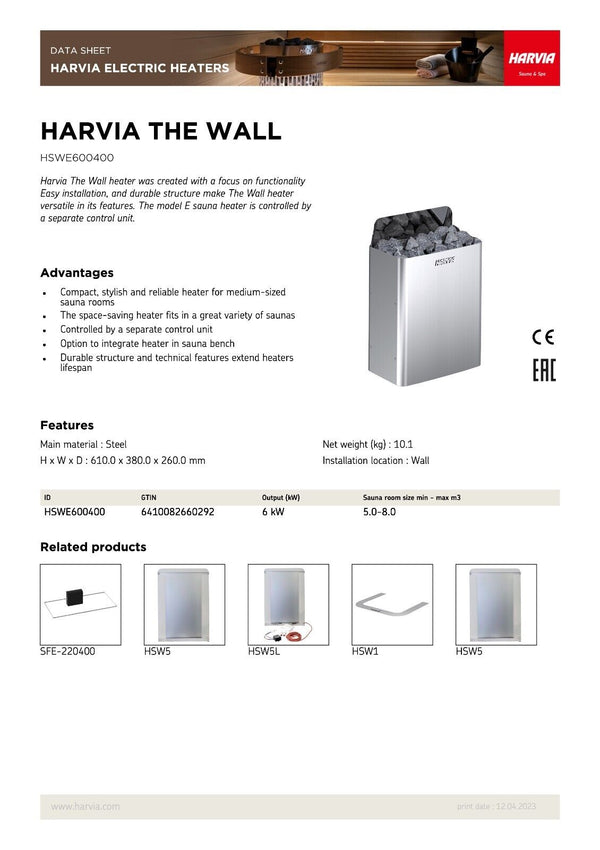 Harvia The Wall 6.0kW Steel Sauna Heater – Compact and Streamlined Design